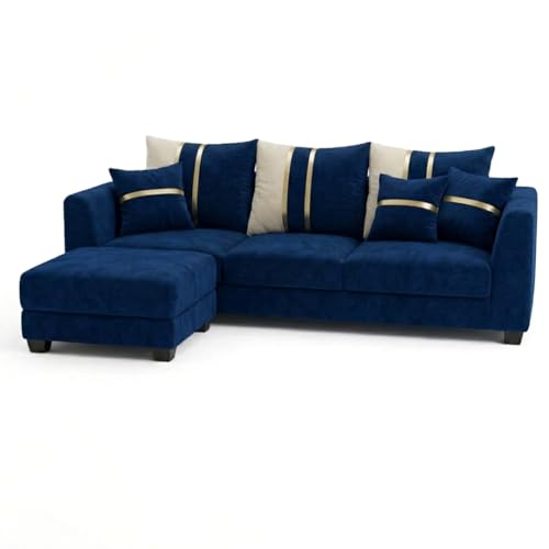 Image of Vero 4 Seater L Shape Sofa Set with Movable Ottoman | Flexible Left or Right Layout | Luxury Velvet Suede Fabric | Modern Living Room Sofa | Dark Blue