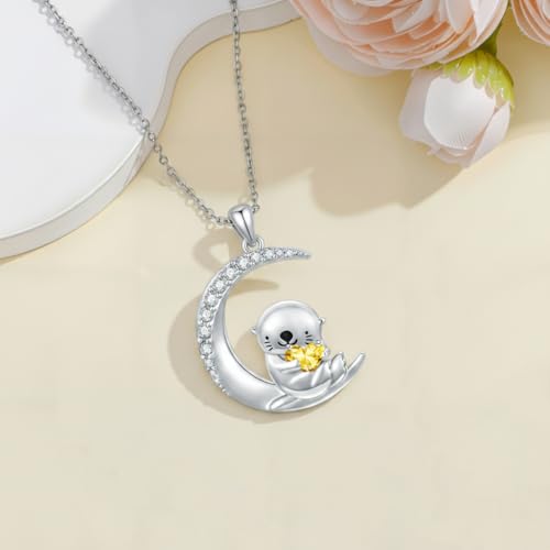 Image of PROESS Animal Birthstone Necklace 925 Sterling Silver Otter /Axolotl /Hippo /Elephant /Dachshund /Monkey /Red Panda Pendant Necklace Animal Birthstone Jewelry Gifts for Women
