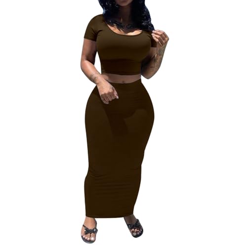 Dark coffee fitted crop top and bodycon maxi skirt set — the close-cut column shape that a stretch blend makes possible