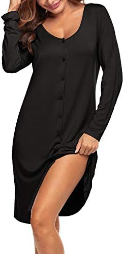Ekouaer Womens Nightgown Long Sleeve Button Down Nightshirt V-Neck Sleepwear Loose Pajama Dress for Autumn/Winter Black