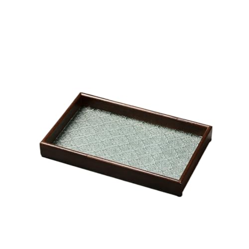MCSWSEE レトロ 木製トレー ガラス天板 花海棠柄 雲型 楕円デザイン | カフェトレイやお盆トレーとして多用途に活用 おしゃれな盛器に最適な透明ガラスプレート インテリアとしても魅力な収納盆 和洋折衷のテーブルウェア (クルミ色の四角形) [並行輸