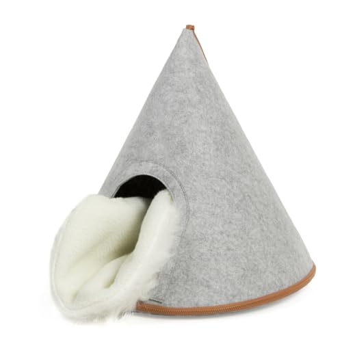 CanadianCat Company | Katzen Tipi Zelt für Haustiere Katzenzelt Cone Katzen Tipi, XL Katzenhöhle aus Filz inkl. Flauschkissen, hellgrau, 45 x 45 x 50 cm