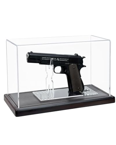 Image of Premium Acrylic Pistol Display Case with Solid Wood Base & Clear Pistol Stand - UV Protection, Dustproof Gun Display Box for Collector Handguns, 1911, Glock and Memorabilia (11 inch x 4.2 inch x 6.7 inch)