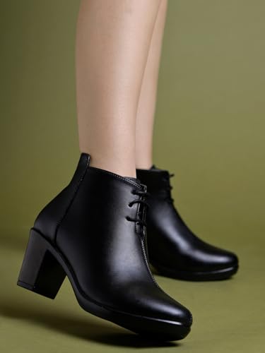 Image of Shoetopia Women's Black Leather Ankle Booties with Block Heel and Lace-Up Closure - Stylish Mid-Heel Dress Boots for Office & Casual
