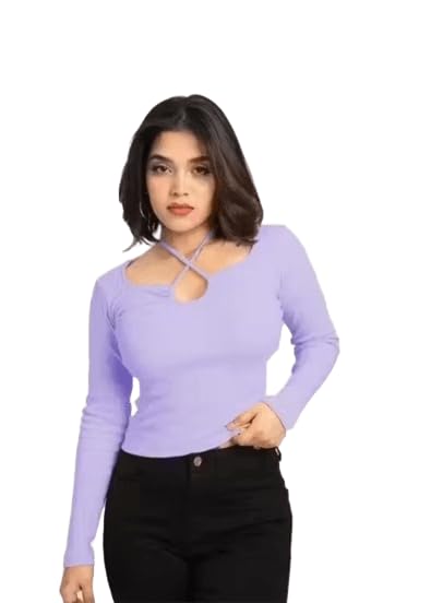 Image of Gampy Women's Lavender Long Sleeve Top, Criss-Cross Neck Design, Ribbed Knit Fitted Casual