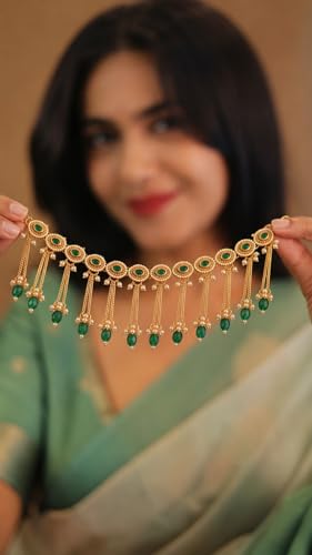 Image of Green Kundan Pearl Ear Chain for Women | Traditional Bridal Ear Accessory | Gold Plated Ethnic Side Jhumar Pair