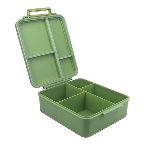 Image of Bento Mega Lunch Box with Carrying Handle 4 No-Mix Compartments | Microwave & Dishwasher Safe | for Adult, Preschool, School 1600ML /54 OZ (Green Leaves)