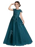 Tul Flor Niña Vestidos Encaje Bordado Cap Mangas Una Línea Larga Pageant Vestidos de Fiesta para Niños, verde petróleo, 12 años