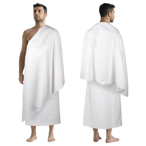 DIAOJIA Muslim Mens Prayer Shawl Pilgrimage Towel White Traditional Arabic Hajj Shawl Polyester Terry Cloth Material 110x210 cm 2-Piece Set with Storage Bag (White)