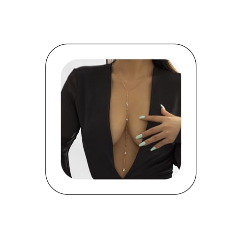 Bohemian Long Pendant Y Necklace Dainty Evil Eye Crystal Pearl Disc Lariat Necklace Boho Body Chain Summer Beach Accessories for Women (Gold crystal)