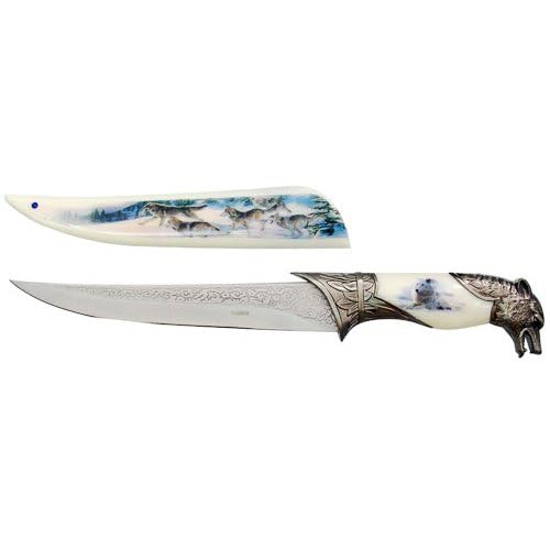 ASR Outdoor 13\" Collectors Wolf Pack Fantasy Hunting Knife with Decorative Sheath White
