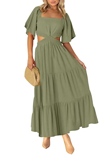 LEANI Womens Ruffle Summer Dresses Cutout Waist Maxi Dress Flowy Tiered Beach Dress ArmyGreen