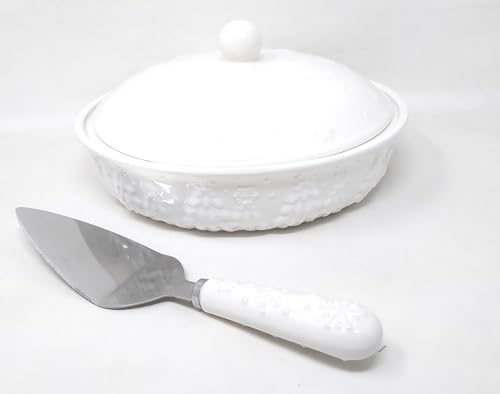 Temp-tations Covered Baker or Pie Pan w/Pie Server, Deep Dish (Frosty Forest White), 10.5x2.4