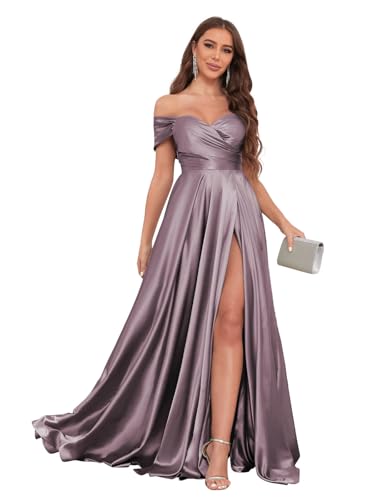 Image of JKMMYO Satin Bridesmaid Dresses for Women Off The Shoulder Pleated Long Formal Evening Dress