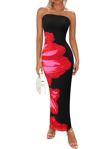 Image of PRETTYGARDEN Women Summer Strapless Maxi Dress Bodycon Floral Sexy Long Wedding Guest Dress Formal Tube Mesh Cocktail Dresses