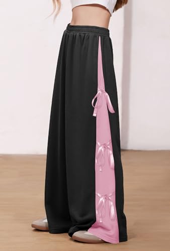 Girls Fall Cute Bowknot Side Wide Leg Sweatpants Y2K Color Block Baggy Track Pants 5-14 Years3