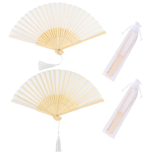 TSKDKIT Hand Fan Folding 2pcs Handheld Folding Fabric Fans for Women Men White Manual Fan Bamboo Silk Fabric Fans Hand Held Chinese Fan with Tassel for Wedding Party and Home Decoration