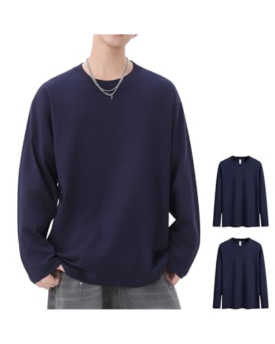 [SHOREKEEPER] 6.5オンス インナーシャツ 長袖 綿100% 2/5枚組 tシャツ メンズ 丸首 柔らかい 肌着 抗菌防臭 下着 男女兼用 複数色選び オールシーズン (JP, アルファベット, 3XL, ネイビー(2枚組))の商品画像（Amazon）