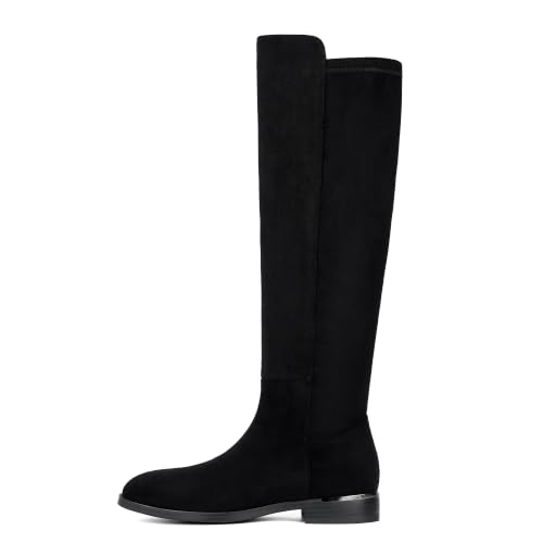 Image of Modatope Rounded Toe Flat Stretchy Dress Knee High Boots Side Zipper | Suede Elastic Fall Winter Boots, Low Chunky Block Heel Riding Boots,2026 Fashion Womens Tall Long Boots