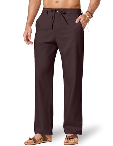 COOFANDY Mens Cotton Linen Pants Casual Drawstring Dress Pants Beach Summer Lightweight Trousers Coffee