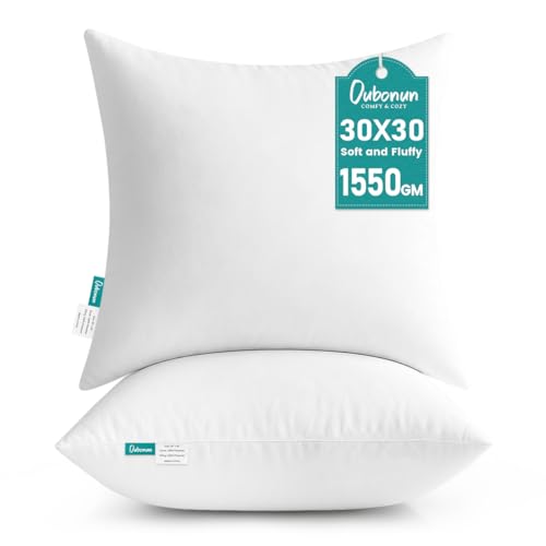 Oubonun 30 x 30 Throw Pillow Inserts - Soft Plush & Decorative Down Alternative Pillows for Couch Sofa Bed Machine Washable - White Pack of 2