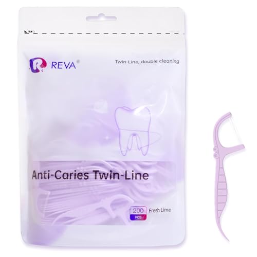 Reva Anti-Caries Twin-Line Dental Floss Picks - 200 Count (Pack of 1) Fresh Lime Flavour Toothpicks Teeth Cleaning Sticks