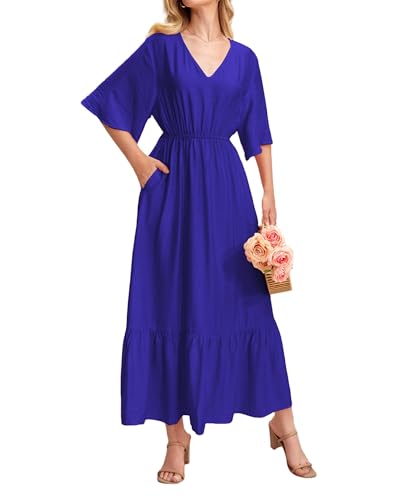 Image of Women's Summer Short Sleeve Maxi Floral Flowy Dresses with Pockets