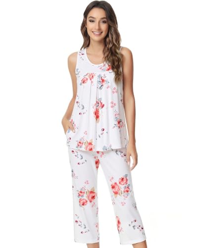 Image of NACHILA Pajamas for Women-Viscose Made from Bamboo, Sleeveless Pjs Tank Top Capri Pants Pajama Sets Cooling Sleepwear