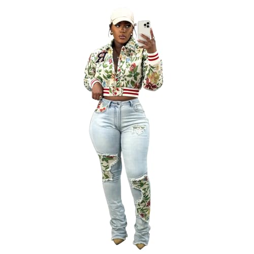 Women's Cropped Floral Print Bomber Jacket Casual Button Down Coats Outerwears3