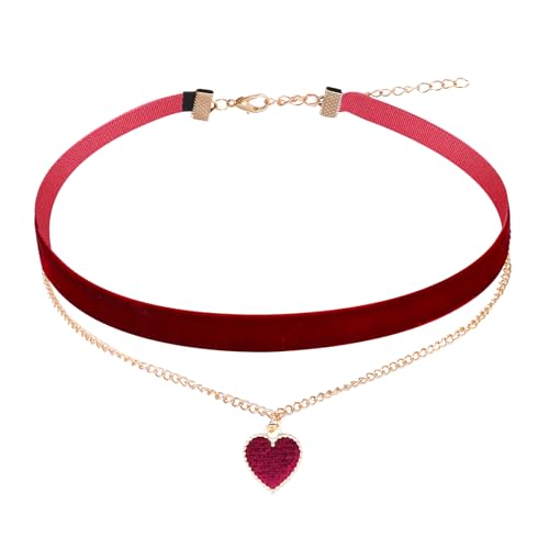 Yolev Choker Halsband Rot Samt Halskette Klassische Samt Herz Halskette Geschichtet Verstellbare Halsband Damen Schmuck für Mädchen Gothic Choker Kette Rot Damen 90er Deko