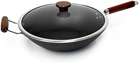 21st & Main Light weight Cast Iron Wok, Stir Fry Pan, Wooden Handle, with Glass lid, 14 Inch, chef’s pan, pre-seasoned nonstick, commercial and household, for Chinese Japanese and others Cooking