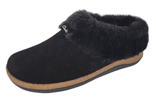 Clarks Womens Slipper Suede Leather Plain Toe - Plush Faux Fur Collar/Lined With A Cork Midsole - Open Back Indoor Outdoor House Slippers For Women (Black US 9