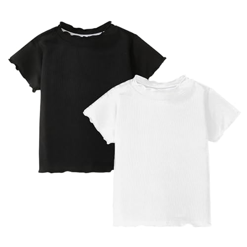 Image of Girls Summer Lettuce Trim Ribbed Knit Short Sleeve T-Shirts Solid Color Casual Blouse Tops