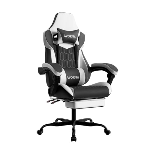 Image of Gaming Chair with Footrest, High Back Gaming Chairs PVC Leather Ergonomic Gamer Chair with Adjustable Headrest Lumbar Support Racing Style Video Gaming Chair for Office /Home (Black White)