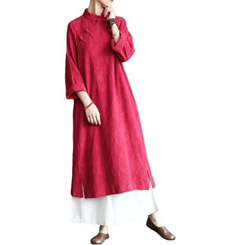 Image of LUZU JUNU Spring Women Dresses Chinese Dress Traditional Collar Vintage Cotton Linen Robe Cheongsam Dresses