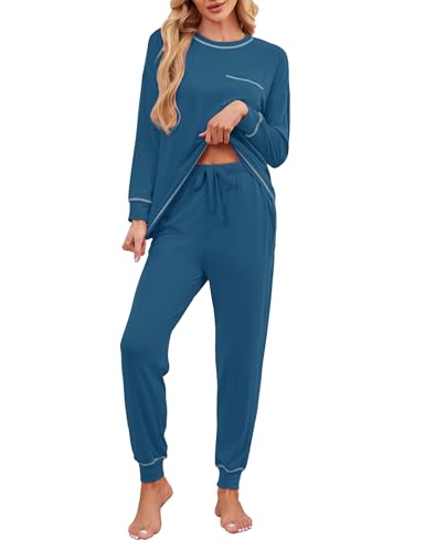 Soft Cotton Pajamas for Women Set 2 Piece Lounge Set Crewneck Long Sleeve Top and Jogger Pants Loungewear with Pocket