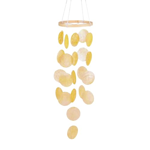 LUMOOM Carillón de viento, concha decorativa bohemia, atrapasueños, guirnaldas, sonido único y magnífico, carillón de viento para jardín, decoración para terraza, césped, jardín, círculo (amarillo)