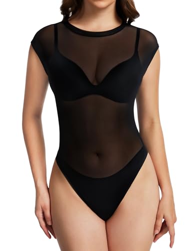 Kiiwah Transparentes Oberteil Body Damen Sexy Schwarz Mesh Top Ärmellos Rundhalsausschnitt Weste Durchsichtiges Oberteil Netzoberteil Festival Bodysuit mit Schnappschuss Clubwear Party