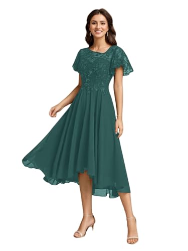 A line Elegant Wedding Guest Dress Mother of The Bride Dress Asymmetrical Chiffon Scoop Neck Short Sleeve Sequins 2024