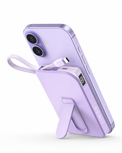 Image of Magnetic Portable Charger, for Magsafe Battery Pack with Stand, 10000mAh Wireless Power Bank Fast Charging with Built in Cable(USB C), Powerbank for iPhone17 /16 /15 /14 /13 /12 Travel & Daily, Purple