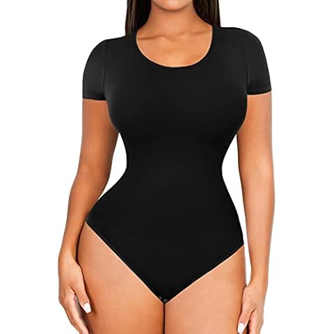 FeelinGirl Seamless Short Sleeve Bodysuit for Women Tummy Control Shapewear Scoop Neck Thong Sculpting Jumpsuit Tops Black M/L Cover