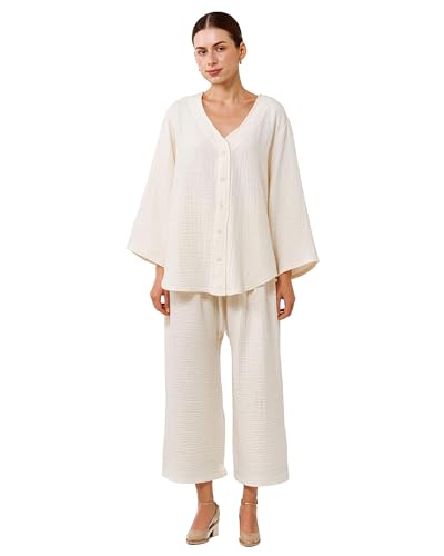 Image of NOTHING FITS BUT Muslin Gauze Nursing Set, 2 Piece Postpartum Pajamas, Ultra Soft Maternity Loungewear for Nursing, Soft Pjs