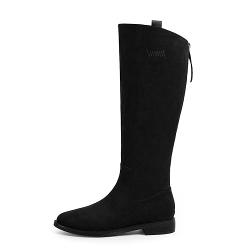 Image of Modatope Knee High Boots Women Rounded Toe Flat Retro Bais Opening Low Chunky Heel Riding Boots