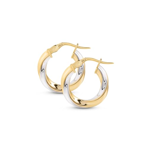 Amberta Pendientes de Aro Retorcido en Dos Tonos de Oro de 9 Quilates | Aros Oro Blanco y Amarillo | Pendientes de Aro Bicolor 10 mm