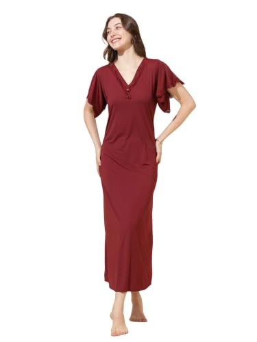 Image of 9shines Label Stylish Soft Modal Maxi Nighty | Honeymoon Nighty | Full Length Trendy Nightgown | V-Neck Lace | Premium Nightdress | Soft Long Nightdress | Maxi Gown Nightwear for Women (Malai Satin)