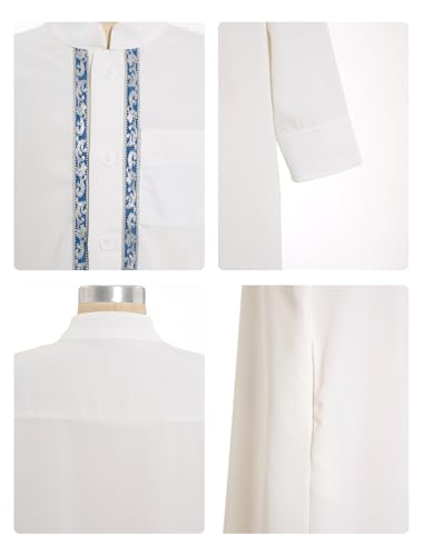 Image of OBEEII Boy's Muslim Arab Solid Color Thobe Long Sleeve Kaftan Embroidered Robe Islamic Arabic Abaya Thobe