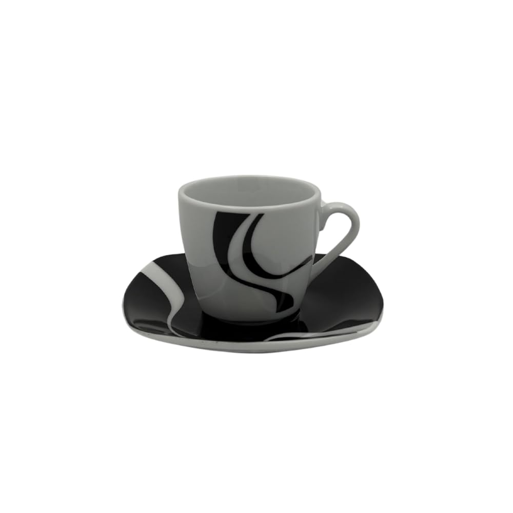 Kyo Nero – Set 12 Pezzi: 6 Tazzine da caffè in Porcellana Lucida con 6 Piattini Ø12 cm, Design Moderno Bianco e Nero, Lavastoviglie e Microonde, Coordinato con Servizio Piatti e Bicchieri