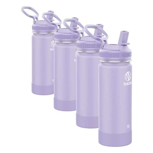 Image of Takeya Actives Water Bottle, Insulated Stainless Steel | Straw Lid | Dishwasher Safe | 18 oz | Pack of 4