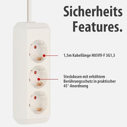 Brennenstuhl Eco-Line Steckdosenleiste 3-Fach (Mehrfachsteckdose mit erhöhtem Berührungsschutz und 1,5m Kabel) weiß – Ansicht 3