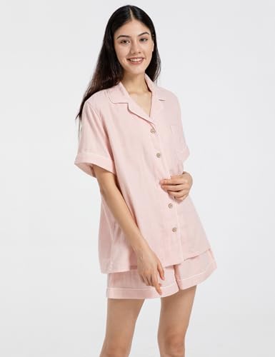 Image of Womens Muslin Pajama Set 100% Cotton Double Gauze Linen Like Breathable Soft Button Up Loungewear Sleepwear PJ Set